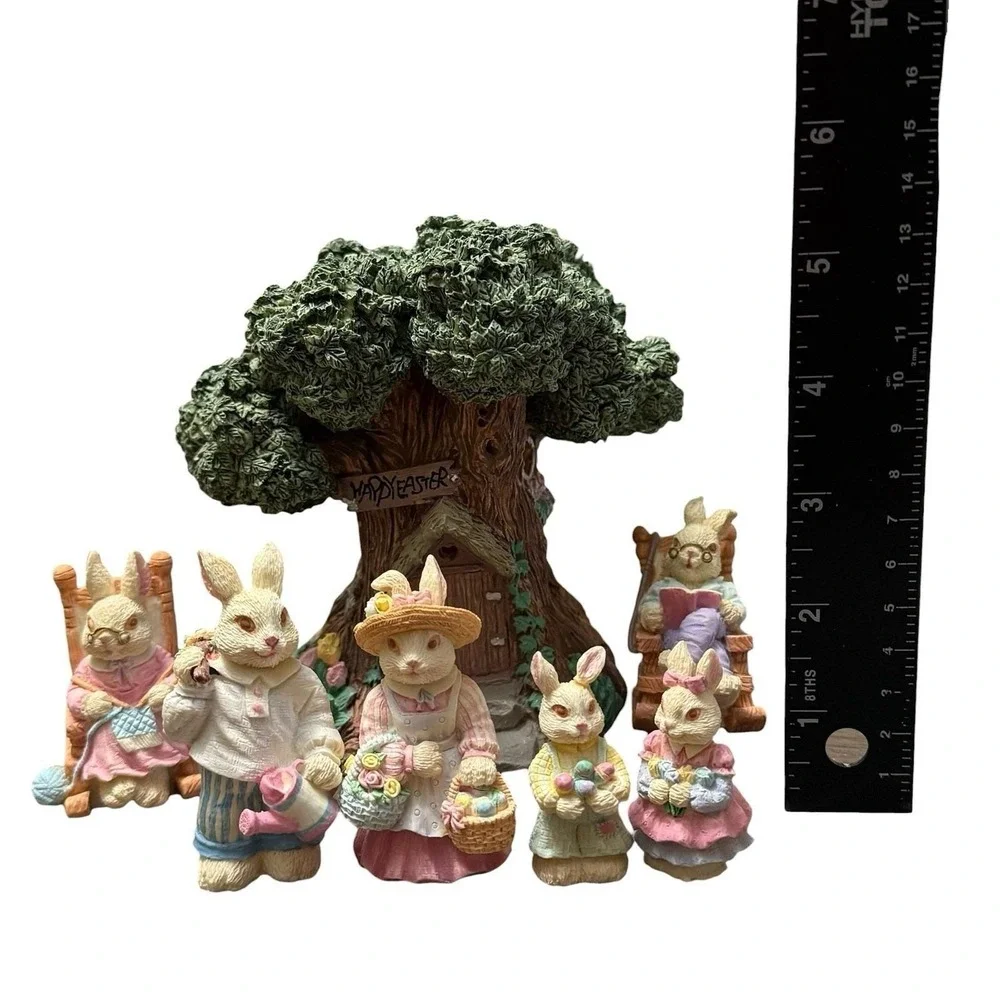 Vintage Easter Village Set 7Pc Bunny &‎ Lighted Tree House Light Works